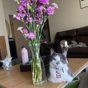 Sofie sitting next to flowers